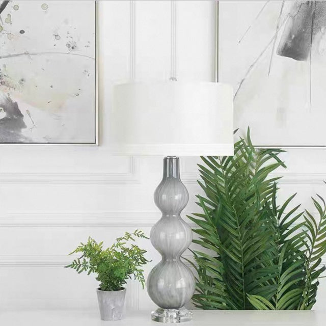 MURANO Large Art Glass Gourd Table Lamp – Mist Grey & Crystal