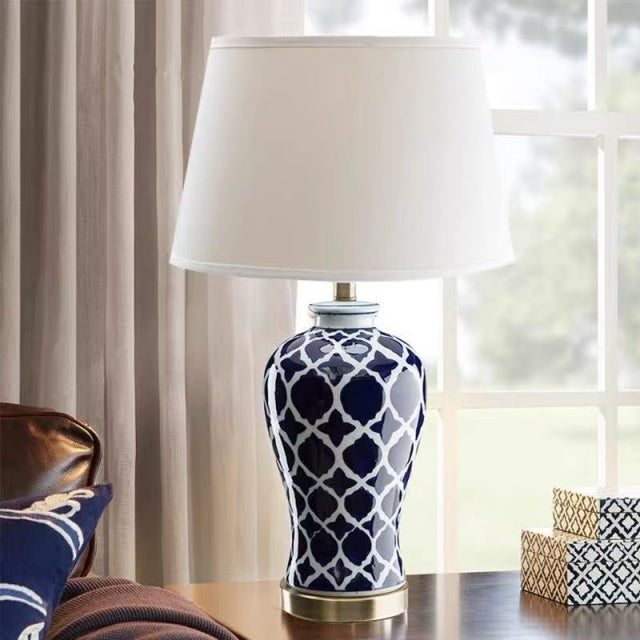 VALENCIA Lattice Ceramic Table Lamp – Navy Blue & White