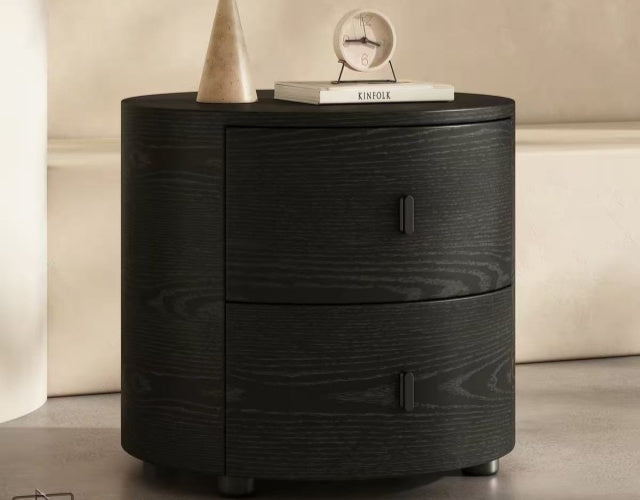 VELA Round Wood Bedside Table with Drawers