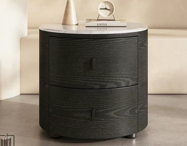 VELA Round Wood Bedside Table with Drawers