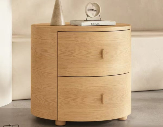 VELA Round Wood Bedside Table with Drawers