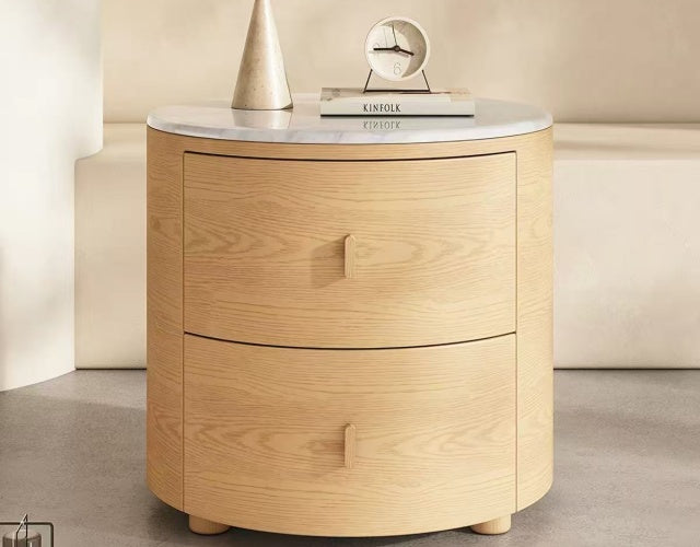 VELA Round Wood Bedside Table with Drawers