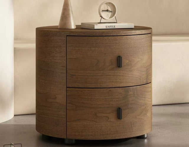 VELA Round Wood Bedside Table with Drawers