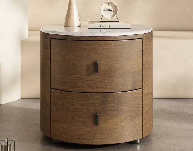 VELA Round Wood Bedside Table with Drawers