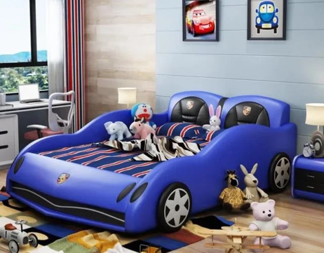 blue kid racing car leather king bed