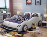 white kid racing car leather king bed