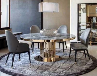 Dallas round dining table, base in gold, silver or balck with sintered stone top add luxury in your home.